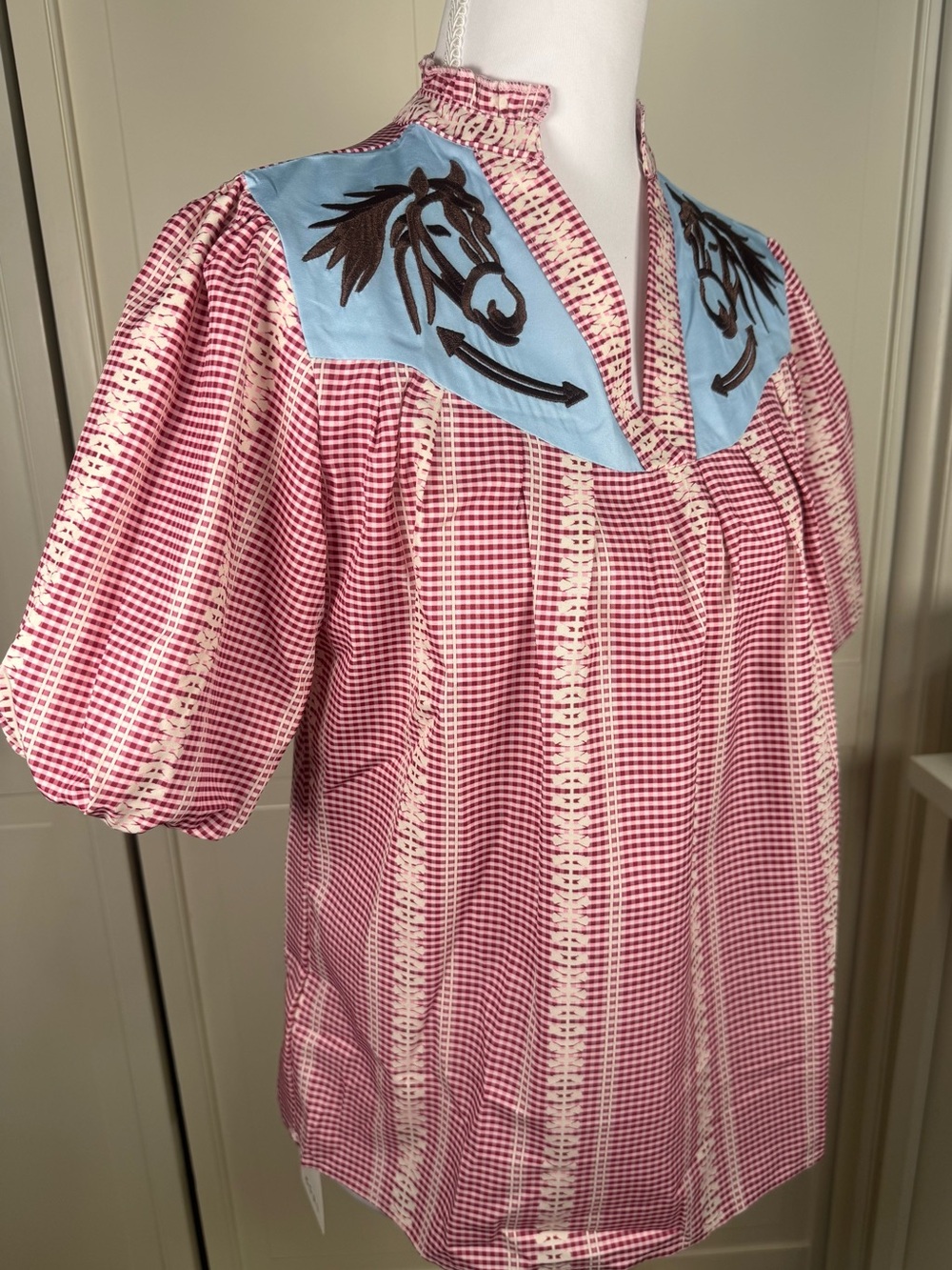 NWT Rosa Clothing Horse Embroidered Western Gingham Blouse S